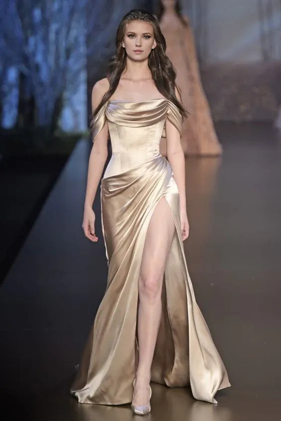 Wholesale Elegant Sheath Off The Shoulder Satin Champagne Slit Prom Dresses Evening Dress formal wear dresses